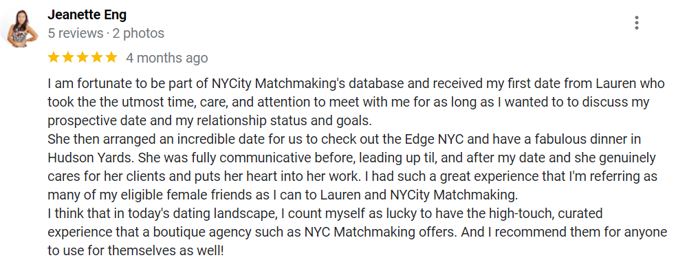 NYCity Matchmaking Review: Is Michelle Frankel Best For You? 7 Example of a Google review for NYCity Matchmaking that's 5 stars