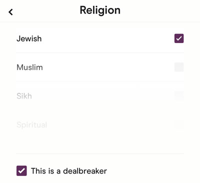 Jewish match criteria set on a Hinge dating app filter