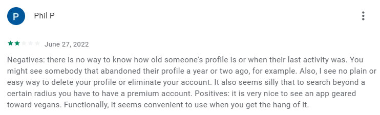 2-star Google review for Veggly dating app