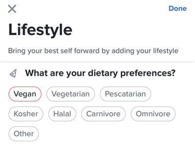 Vegan lifestyle badge on a dating app
