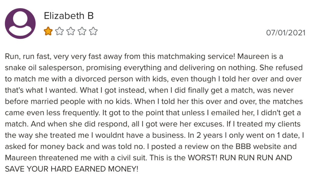 1 star BBB review for MTN Matchmaking