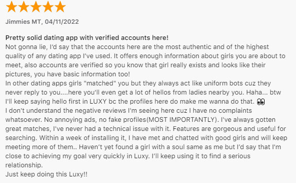 5-star review for Luxy on the App Store
