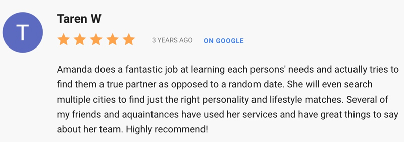5-star Google review for Amanda Rose and Prestige Connections