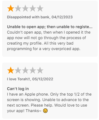 two 1-star JWed app reviews from App Store