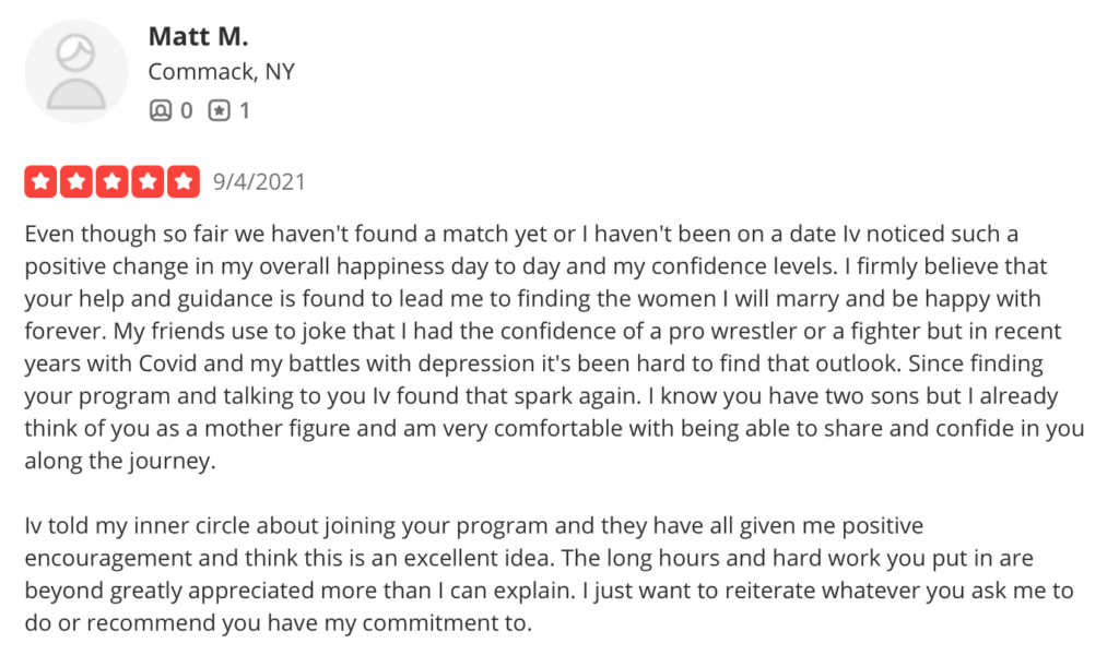5-star Yelp review for MTN Matchmakers