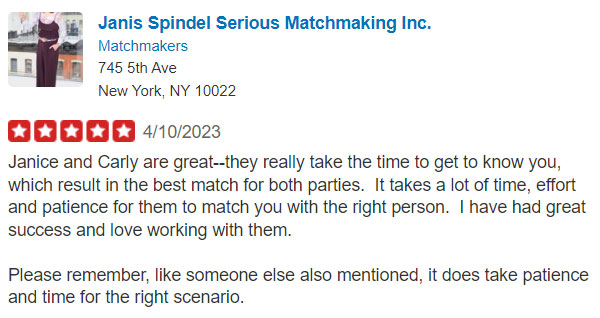 5-star review on Yelp for Serious Matchmaking