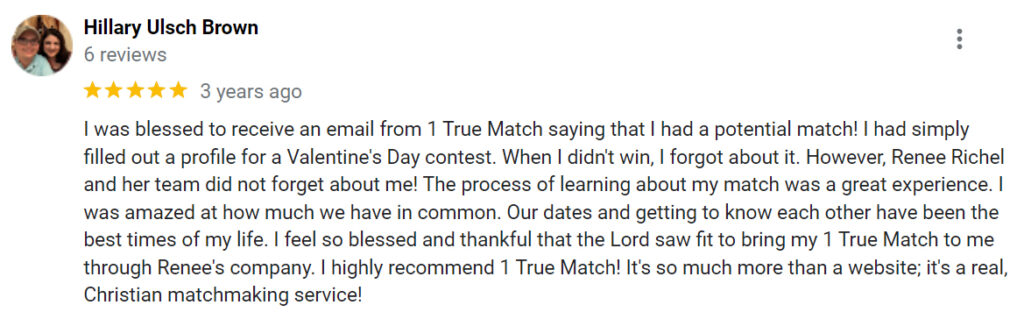 5-star Google review for 1 True Match
