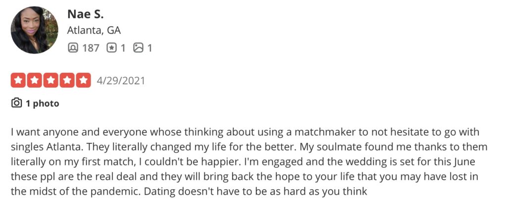 5-star Yelp review for Single Atlanta matchmakers