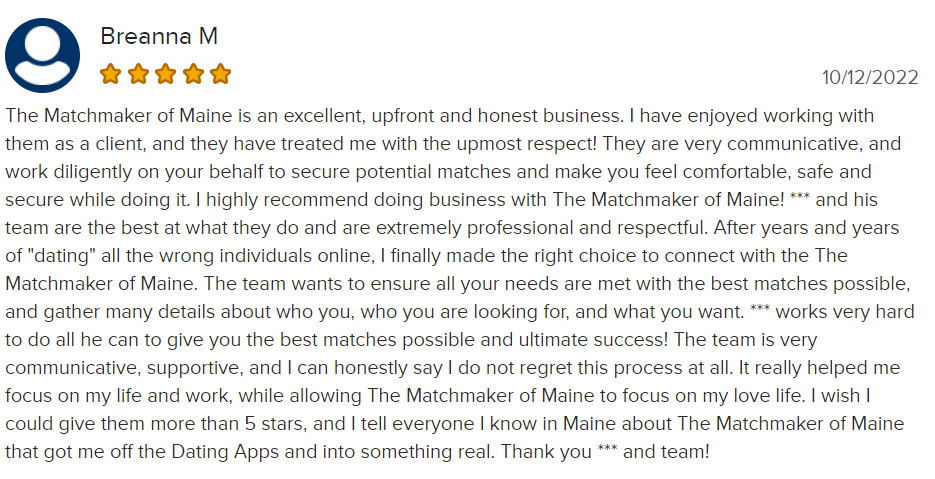 5-star Matchmaker of Maine review on BBB