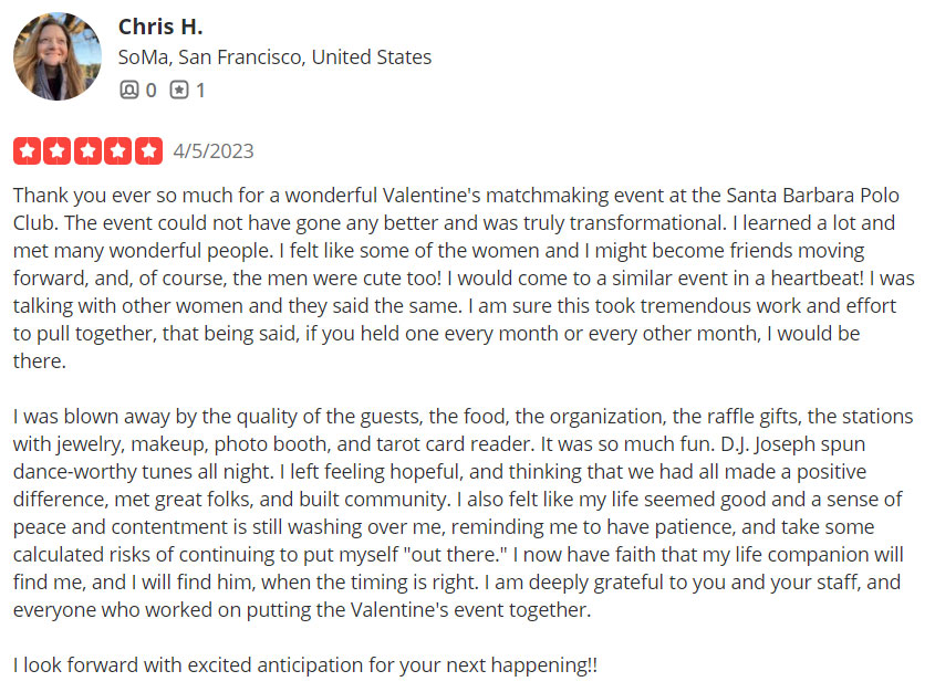 5-star review for Amador Matchmaking singles event on Yelp