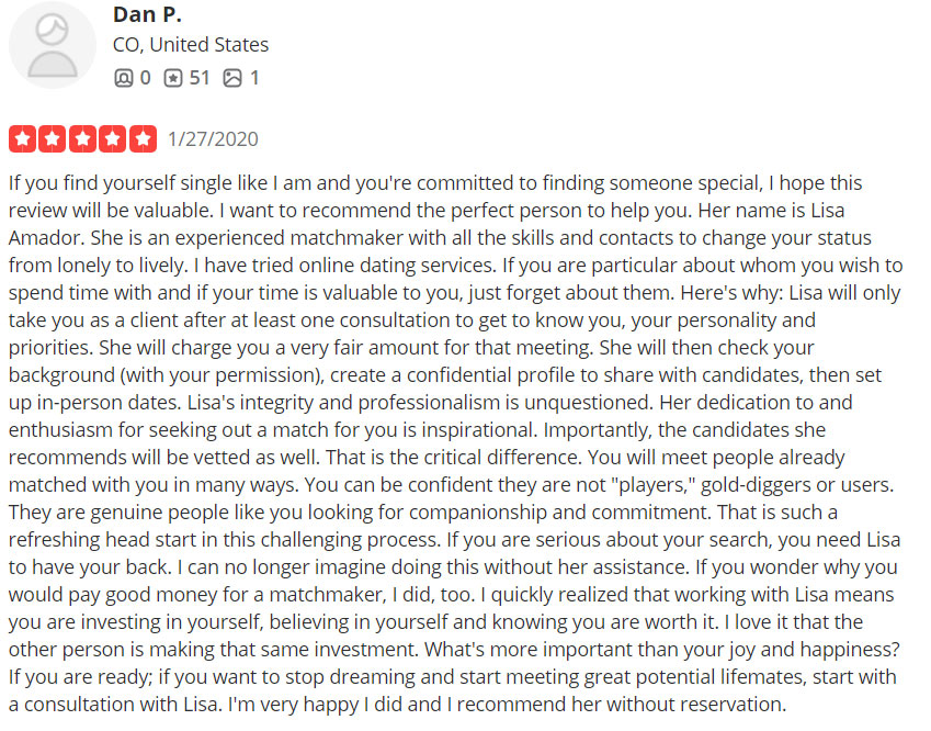 5-star Amador Matchmaking Yelp review from Dan P