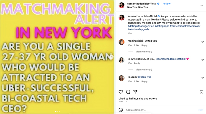 Samantha's Table matchmaker alert on Instagram