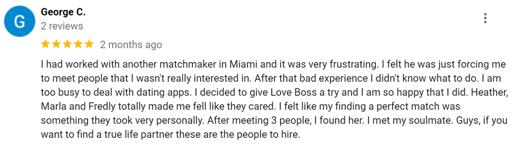 5 star Google review for Love Boss Matchmaking