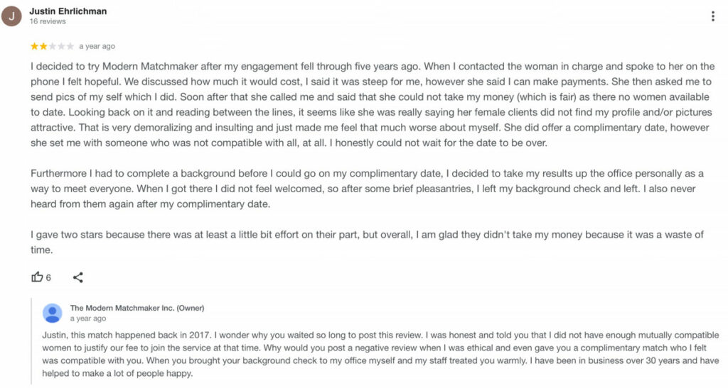 2-star review for Susan Dunhoff's matchmaking service