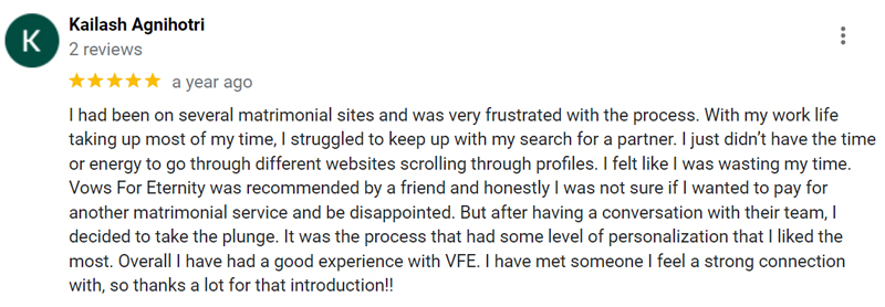 5-star review for Vows For Eternity on Google