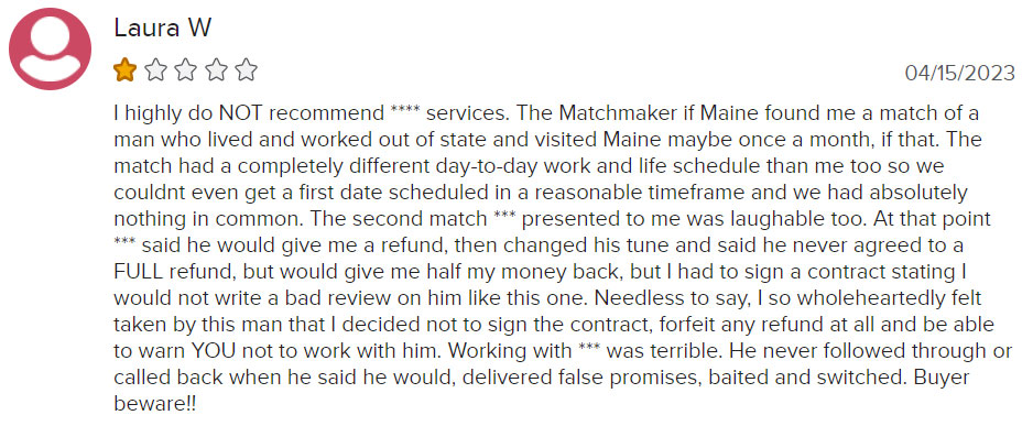 1-star Matchmaker of Maine BBB review