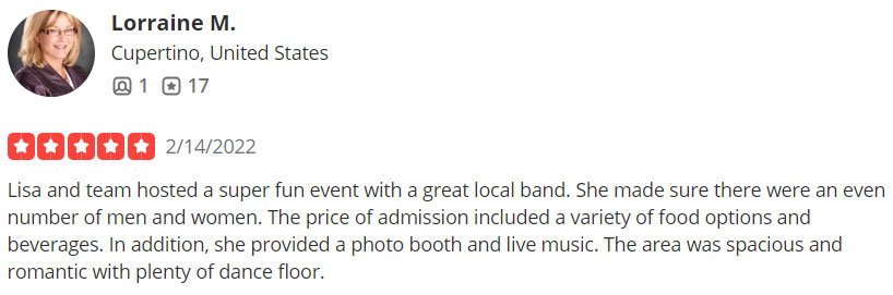 5-star Yelp review for an Amador Matchmaking event