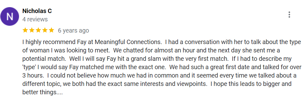 Meaningful Connections Review: Best NY Matchmaking Service? 13 5-star Google review for Meaningful Connections