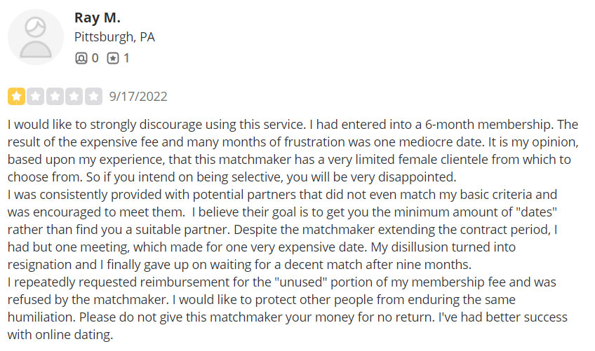 1-star Yelp review for The Modern Matchmaker
