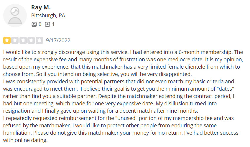 1-star Yelp review for The Modern Matchmaker