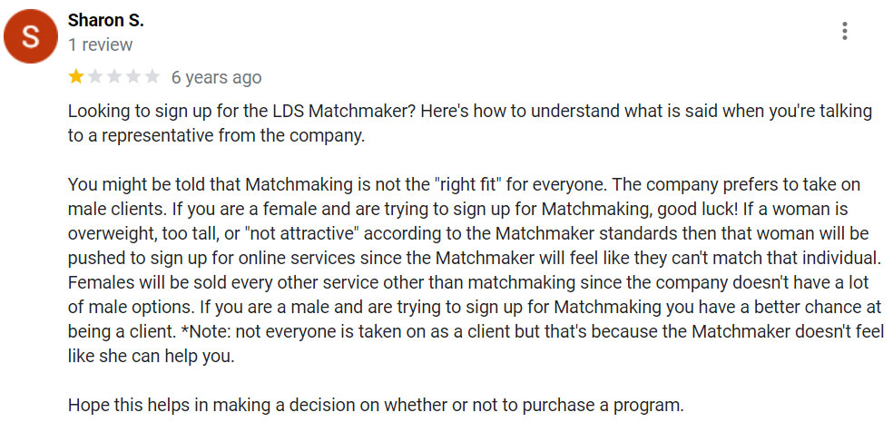 1-star Latter Day Matchmaker review on Google