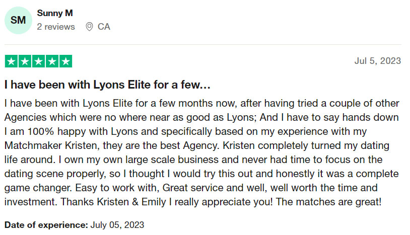 5-star Trustpilot review for Lyons Elite