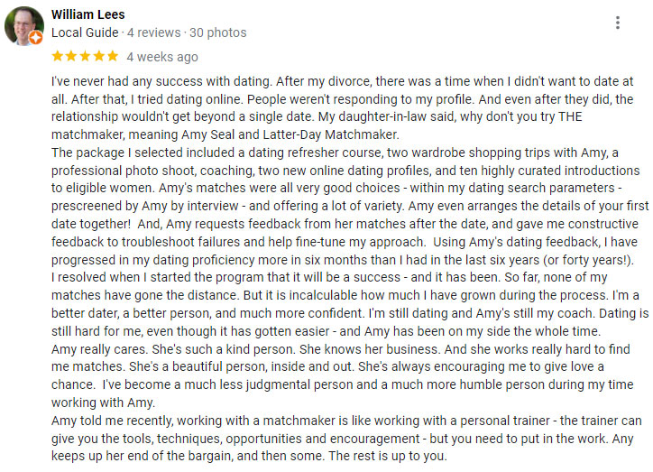 5-star Google review for Amy Stevens Seal and Latter Day Matchmaker