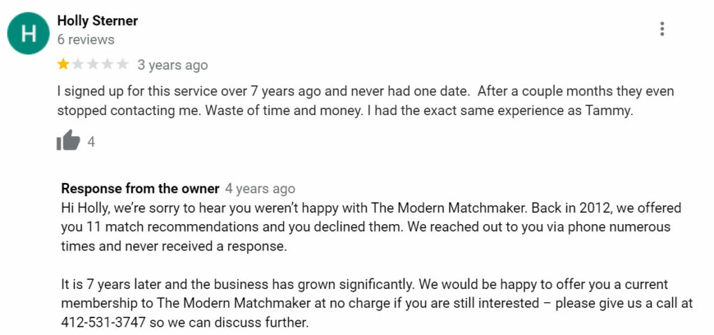 1-star The Modern Matchmaker review on google