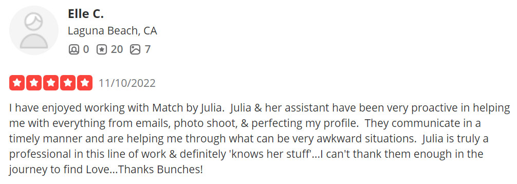 5-star Yelp review for Match by Julia