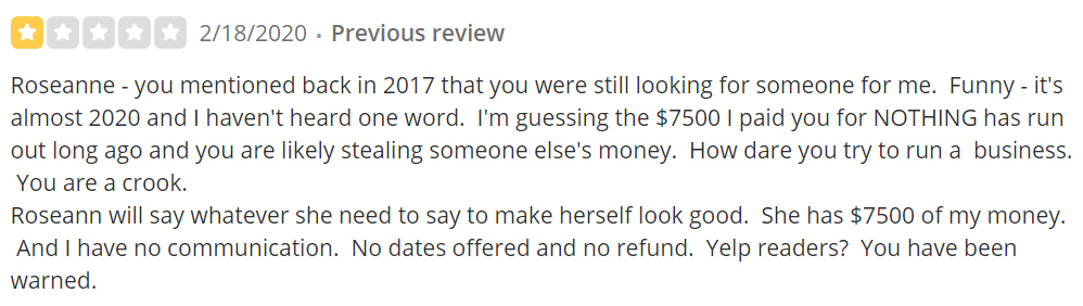 Yelp review that's 1-star for SPIES matchmaking