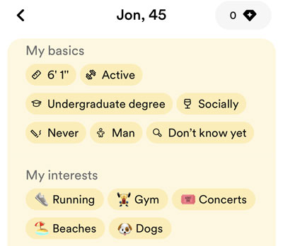 Example of interest badges on Bumble