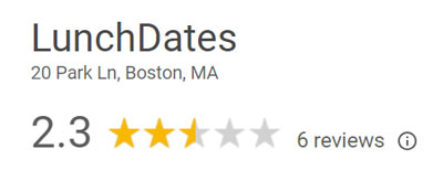 2.3 star Yelp rating for LunchDates' Park Lane location