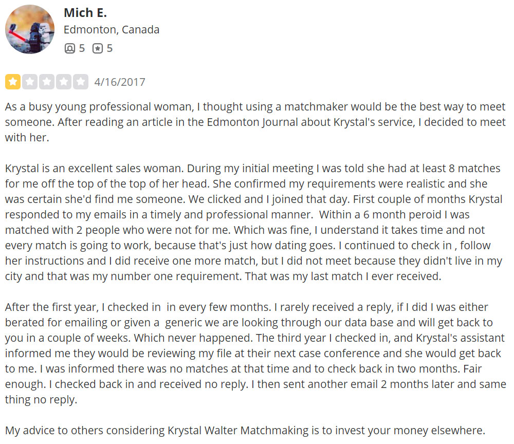 1-star review for Krystal Walter Matchmaking on Yelp