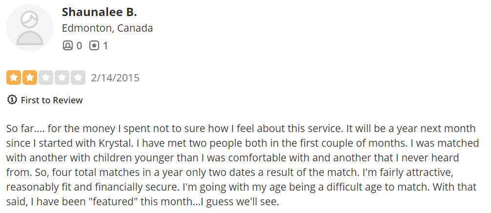 2-star Yelp review for Calgary matchmaker Krystal Walter