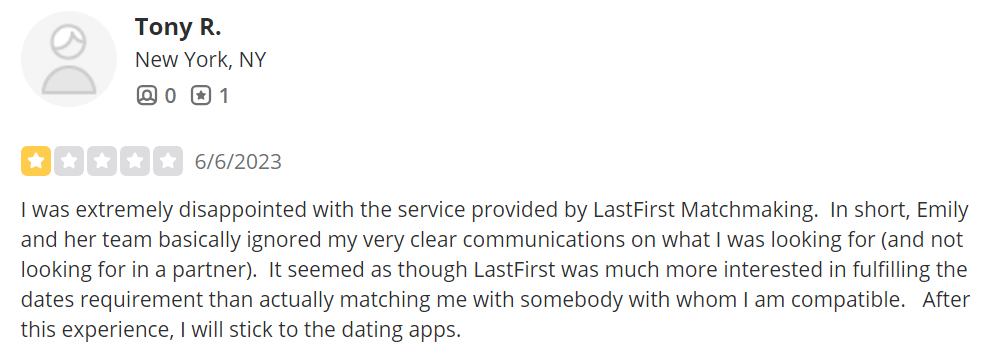 1-star review for LastFirst Matchmaking on Yelp