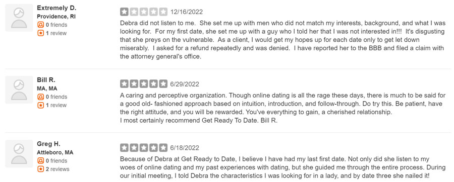 3 not-currently-recommended Yelp reviews for Get Ready To Date