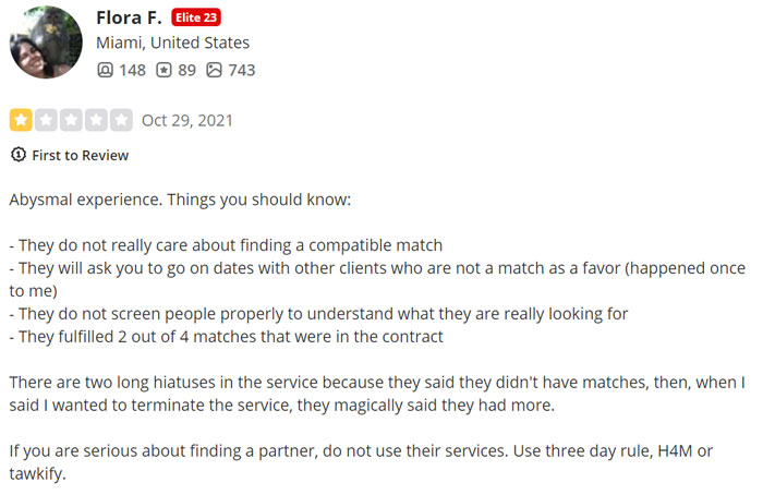 1-star Yelp review for Bespoke Matchmaking