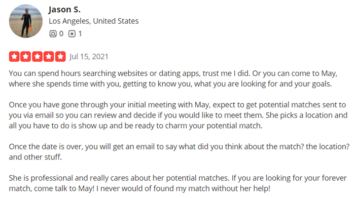 5-star Yelp review for Matchmaker May