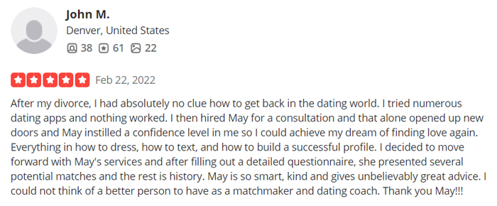 5-star review for Matchmaker May on Yelp