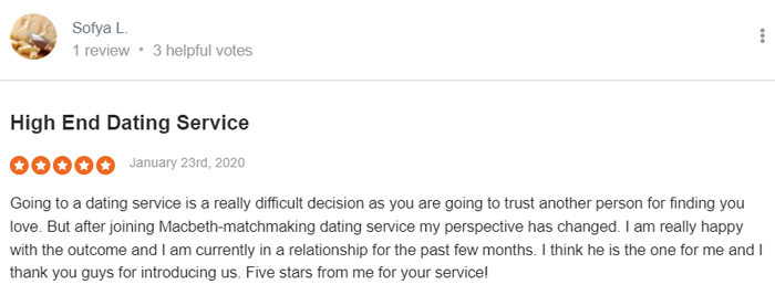 5-star SiteJabber review for macbeth matchmaking