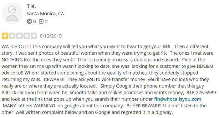 1-star Sugar Matchmaking review on Yelp