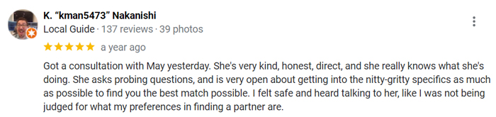 5-star Google review for Two Asian Matchmakers