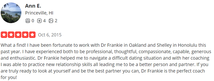 5-star Yelp review for dating coach Dr. Frankie