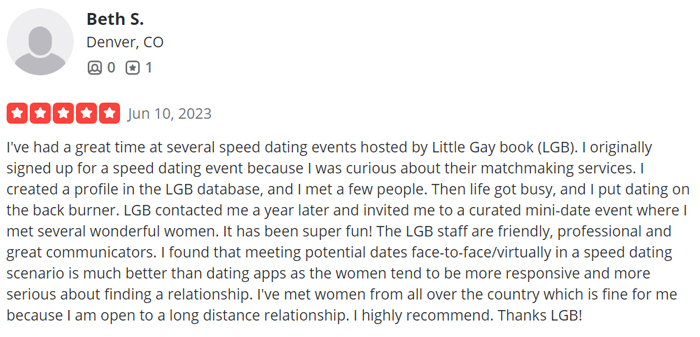 Yelp 5-star review for Little Gay Book speed dating