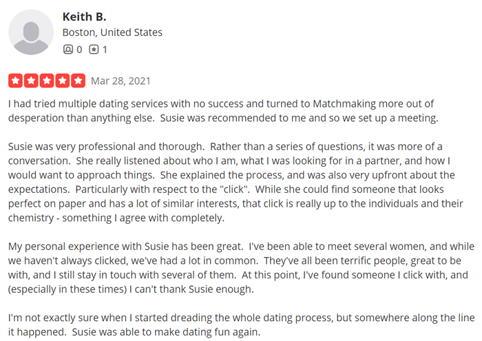 5-star Yelp review for Susie Q Matchmaking