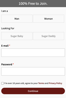 Sugarbook signup screen