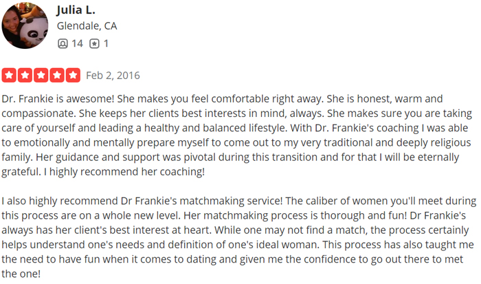 Dr. Frankie gay matchmaking review on Yelp that's 5-stars