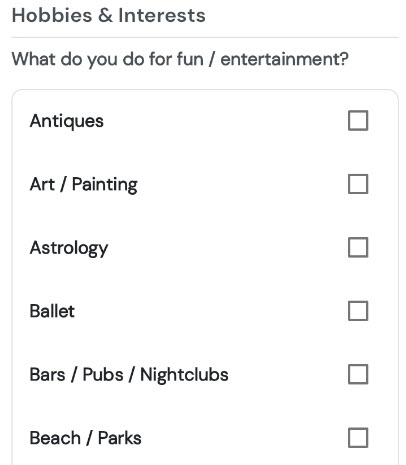 Hobbies & Interests menu example