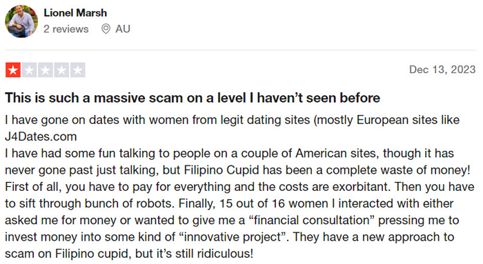 1-star Trustpilot review for FilipinoCupid