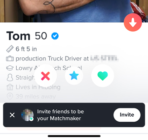 Tinder Matchmaker invite button on profile card